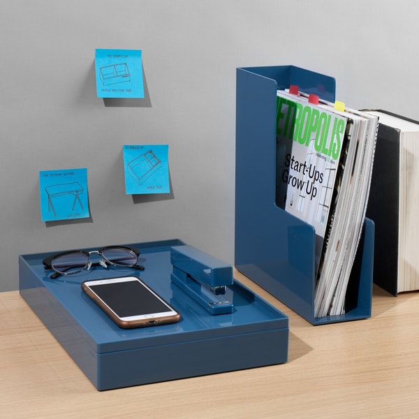 matching blue plastic desk storage set 